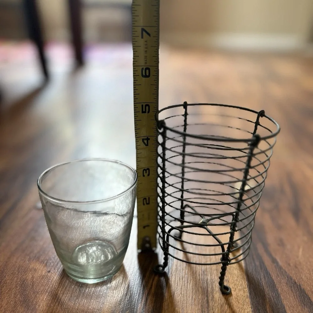 BLACK WIRE BASKET VOTIVE / TEA LIGHT CANDLE HOLDER WITH GLASS INSERT